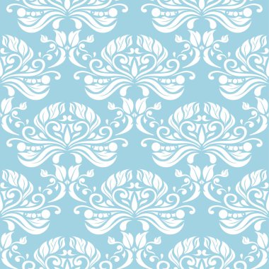 Mavi zemin üzerine beyaz çiçek süsleme. Tekstil ve duvar kağıtları için seamless modeli