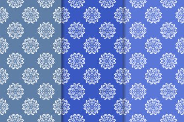 Mavi çiçekli süsler. Dikey Dikişsiz desen seti. Duvar kağıdı arka plan