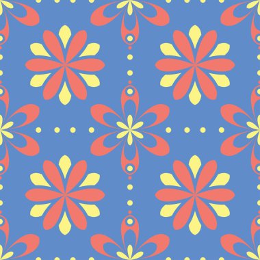 Çiçek tasarım ile mavi seamless modeli. Renkli arka plan duvar kağıtları, Tekstil ve kumaş için kırmızı sarı çiçek öğeleri ile