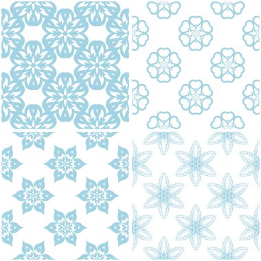 Çiçek desenleri. Beyaz ışık mavi öğeleri kümesi. Sorunsuz arka planlar. Vektör çizim