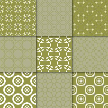 Zeytin yeşili geometrik süsler. Web, Tekstil ve duvar kağıtları için dikişsiz desen koleksiyonu