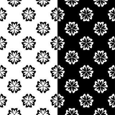 Siyah ve beyaz çiçekli süsler. Tekstil ve duvar kağıtları için sorunsuz arka planlar kümesi