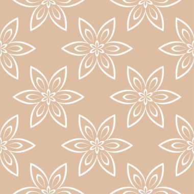 Bej renkli arka plan üzerinde beyaz çiçek süsleme. Tekstil ve duvar kağıtları için seamless modeli