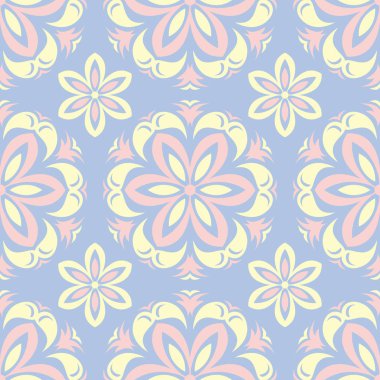 Çiçek seamless modeli. Soluk mavi arka plan duvar kağıtları, Tekstil ve kumaş için bej ve pembe çiçek öğeleri ile