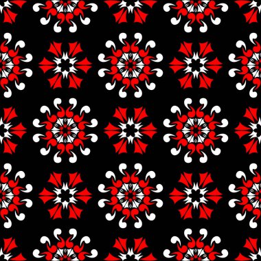 Sorunsuz çiçek desenli. Siyah arka plan üzerinde öğeleri kırmızı ve beyaz.