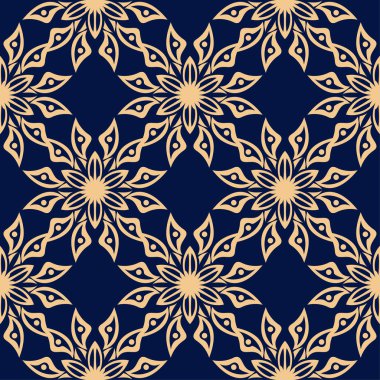 Koyu mavi zemin üzerine altın çiçek tasarım. Tekstil ve duvar kağıtları için seamless modeli