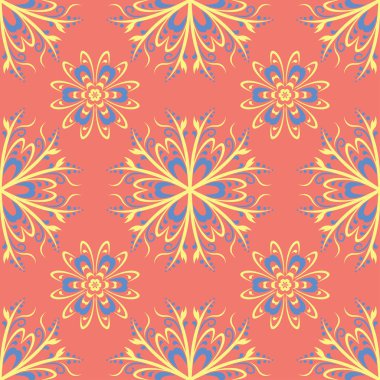 Çiçek seamless modeli. Parlak pembe turuncu arka plan duvar kağıtları, Tekstil ve kumaş için sarı ve mavi çiçek öğeleri ile