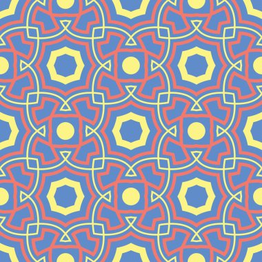 Geometrik mavi seamless modeli. Arka plan duvar kağıtları, Tekstil ve kumaş için kırmızı ve sarı tasarımı ile çok renkli