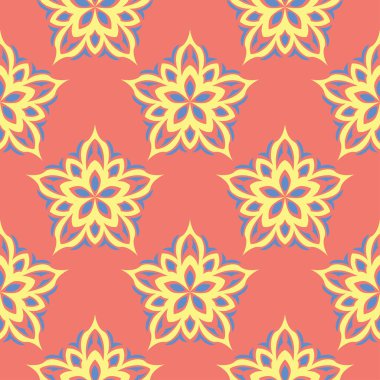 Çiçek seamless modeli. Parlak pembe turuncu arka plan duvar kağıtları, Tekstil ve kumaş için sarı ve mavi çiçek öğeleri ile