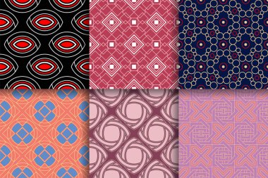 Kesintisiz geometrik desenler. Tekstil, kumaş veya duvar kağıtları için renkli arka planlar topluluğu