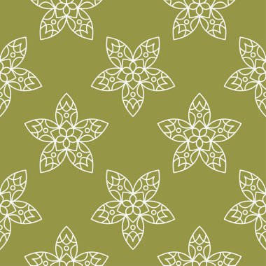 Zeytin yeşil zemin üzerine beyaz çiçek süsleme. Tekstil ve duvar kağıtları için seamless modeli