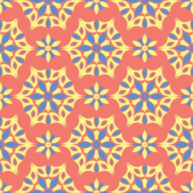 Çiçek seamless modeli. Parlak pembe turuncu arka plan duvar kağıtları, Tekstil ve kumaş için sarı ve mavi çiçek öğeleri ile