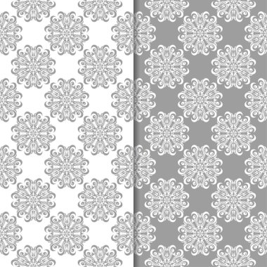 Beyaz ve gri arka plan çiçek kümesi. Tekstil ve duvar kağıtları için dikişsiz desen