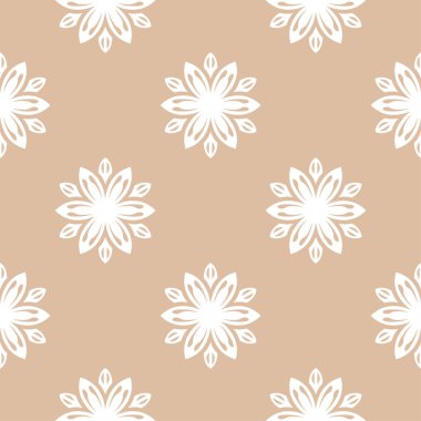 Bej renkli arka plan üzerinde beyaz çiçek süsleme. Tekstil ve duvar kağıtları için seamless modeli