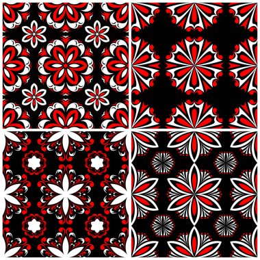 Sorunsuz arka planlar. Siyah beyaz ve kırmızı klasik duvar kağıtları, Tekstil ve kumaş çiçek desenleri ile ayarlar