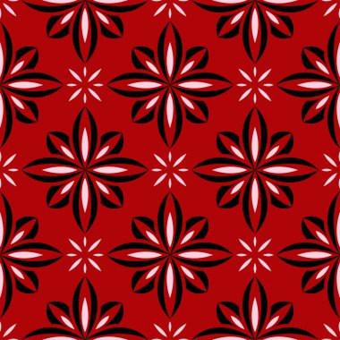 Sorunsuz kırmızı arka plan siyah ve beyaz tasarım öğeleri ile. Desen duvar kağıtları, Tekstil ve kumaş için