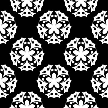 Siyah arka plan üzerine beyaz çiçek süsleme. Tekstil ve duvar kağıtları için seamless modeli