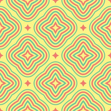 Geometrik seamless modeli. Sarı arka plan duvar kağıtları, Tekstil ve kumaş için pembe ve yeşil tasarım ile