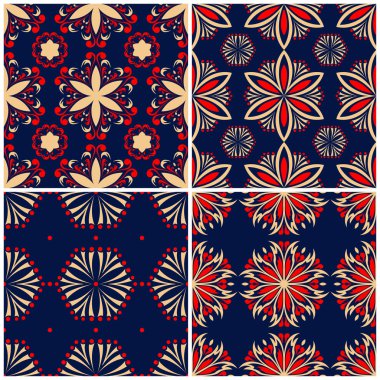 Sorunsuz arka planlar. Duvar kağıtları, Tekstil ve kumaş çiçek desenleri ile mavi klasik bej ve kırmızı belirler