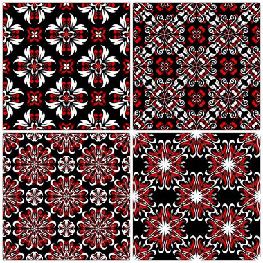 Sorunsuz arka planlar. Siyah beyaz ve kırmızı klasik duvar kağıtları, Tekstil ve kumaş çiçek desenleri ile ayarlar