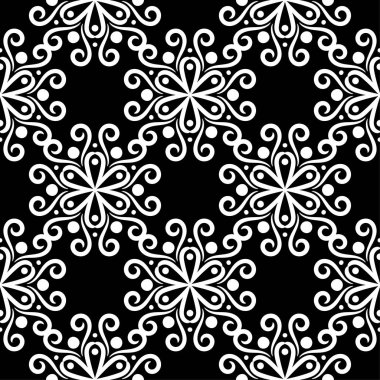 Siyah arka plan üzerine beyaz çiçek süsleme. Tekstil ve duvar kağıtları için seamless modeli