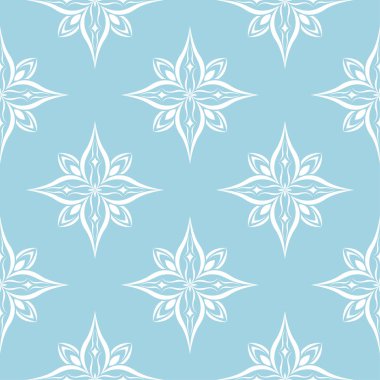 Mavi zemin üzerine beyaz çiçek süsleme. Tekstil ve duvar kağıtları için seamless modeli