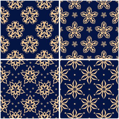 Çiçek desenleri. Altın mavi sorunsuz arka planlar kümesi. Vektör illustraton