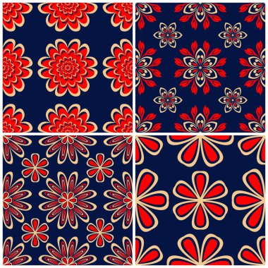 Sorunsuz arka planlar. Duvar kağıtları, Tekstil ve kumaş çiçek desenleri ile mavi klasik bej ve kırmızı belirler