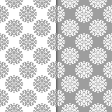 Beyaz ve gri arka plan çiçek kümesi. Tekstil ve duvar kağıtları için dikişsiz desen