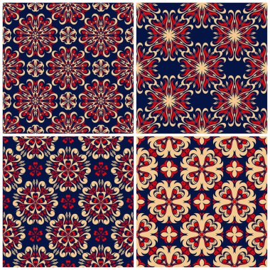 Sorunsuz arka planlar. Duvar kağıtları, Tekstil ve kumaş çiçek desenleri ile mavi klasik bej ve kırmızı belirler