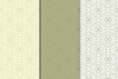 Zeytin yeşili ve beyaz geometrik süsler. Web, Tekstil ve duvar kağıtları için dikey Dikişsiz desen seti