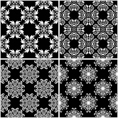 Çiçek desenleri. Siyah beyaz tek renkli kesintisiz arka planlar kümesi. Vektör çizim