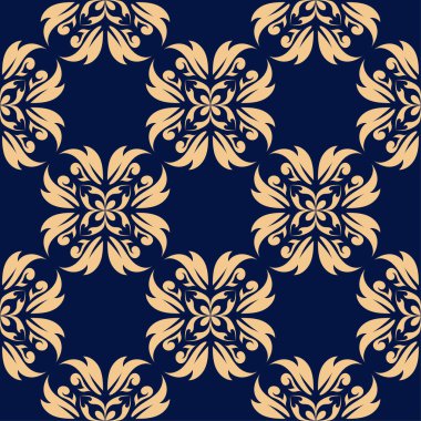 Koyu mavi zemin üzerine altın çiçek süsleme. Tekstil ve duvar kağıtları için seamless modeli
