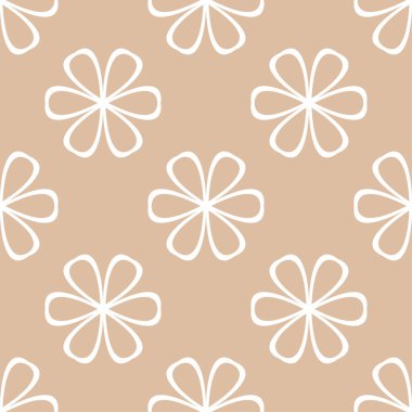 Bej renkli arka plan üzerinde beyaz çiçek süsleme. Tekstil ve duvar kağıtları için seamless modeli