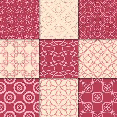 Kiraz kırmızı ve bej geometrik süsler. Web, Tekstil ve duvar kağıtları için dikişsiz desen koleksiyonu