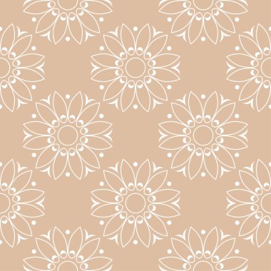 Bej renkli arka plan üzerinde beyaz çiçek süs tasarım. Tekstil ve duvar kağıtları için seamless modeli