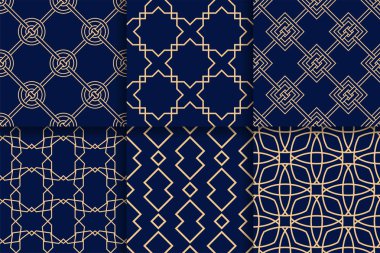 Kesintisiz geometrik desenler. Tekstil, kumaş veya duvar kağıtları koleksiyonu sarı ve mavi arka