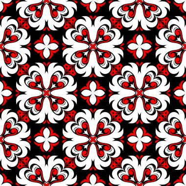 Çiçek seamless modeli. Duvar kağıtları, Tekstil ve kumaş için siyah kırmızı ve beyaz arka plan