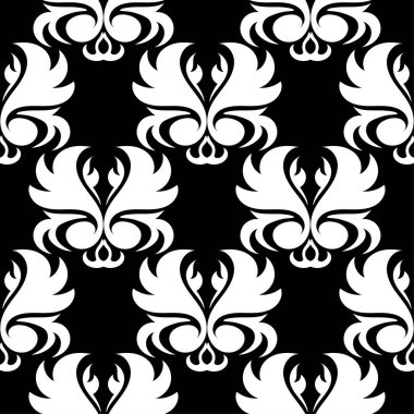 Siyah arka plan üzerine beyaz çiçekler. Tekstil ve duvar kağıtları için süs seamless modeli