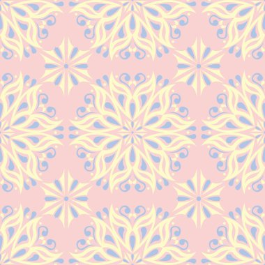 Çiçek seamless modeli. Soluk pembe arka plan duvar kağıtları, Tekstil ve kumaş için ışık mavi ve sarı çiçek öğeleri