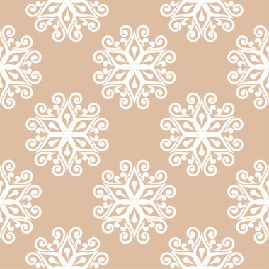 Bej renkli arka plan üzerinde beyaz çiçek süsleme. Tekstil ve duvar kağıtları için seamless modeli