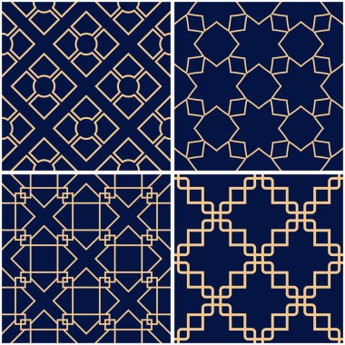 Geometrik desenler. Altın mavi sorunsuz arka planlar kümesi. Vektör çizim