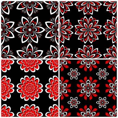 Sorunsuz arka planlar. Siyah beyaz ve kırmızı klasik duvar kağıtları, Tekstil ve kumaş çiçek desenleri ile ayarlar