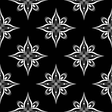 Siyah arka plan üzerine beyaz çiçek süsleme. Tekstil ve duvar kağıtları için seamless modeli