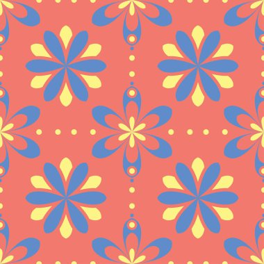 Çiçek tasarım seamless modeli. Duvar kağıtları ve Tekstil için somon kırmızı zemin üzerine parlak sarı ve mavi çiçek öğeleri