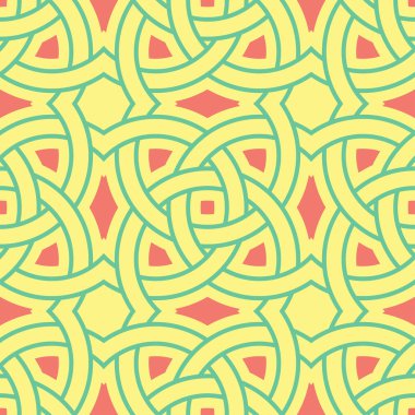 Geometrik seamless modeli. Sarı arka plan duvar kağıtları, Tekstil ve kumaş için pembe ve yeşil tasarım ile
