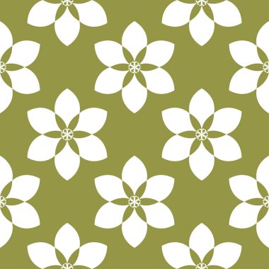 Zeytin yeşil zemin üzerine beyaz çiçek süsleme. Tekstil ve duvar kağıtları için seamless modeli