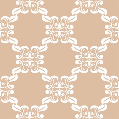 Bej renkli arka plan üzerinde beyaz çiçek süsleme. Tekstil ve duvar kağıtları için seamless modeli