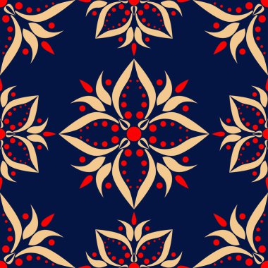 Çiçek sorunsuz ile mavi arka plan kırmızı ve bej desen. Arka plan duvar kağıtları, Tekstil ve kumaş için