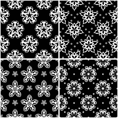 Çiçek desenleri. Siyah beyaz tek renkli kesintisiz arka planlar kümesi. Vektör çizim